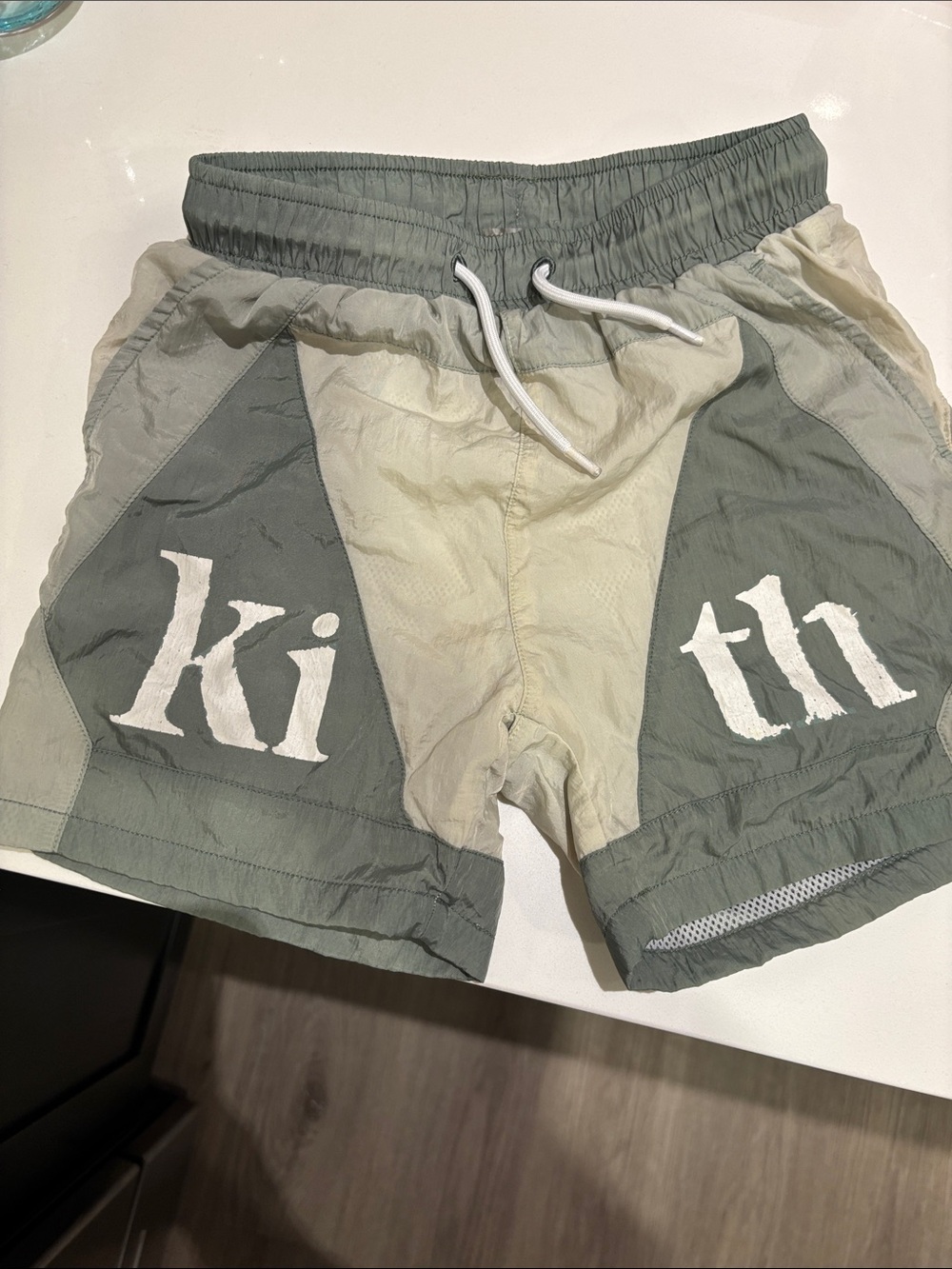 Kith Sage and Cream Colorblock Drawstring Kids Shorts